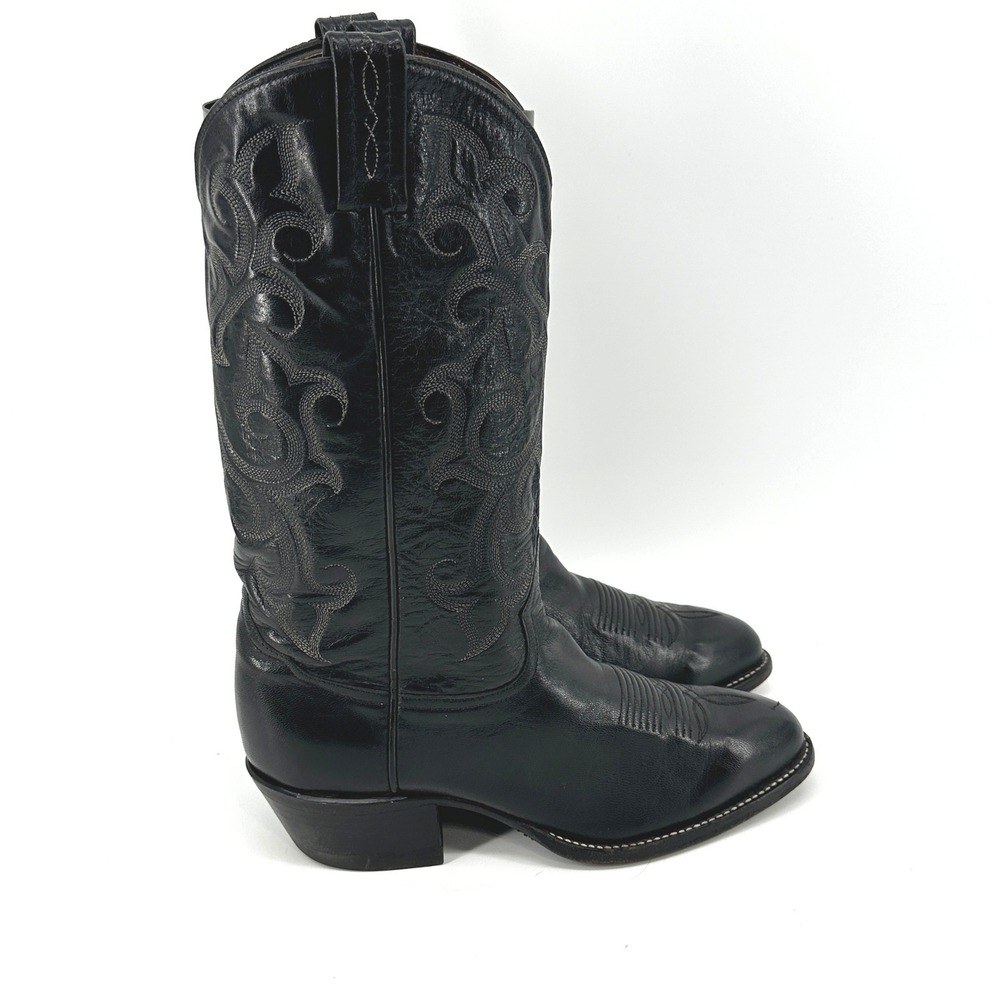 Tony Lama Cowboy Boots Mens 7.5D Black Leather Embroidered CZ-840 USA Vintage - Picture 2 of 9